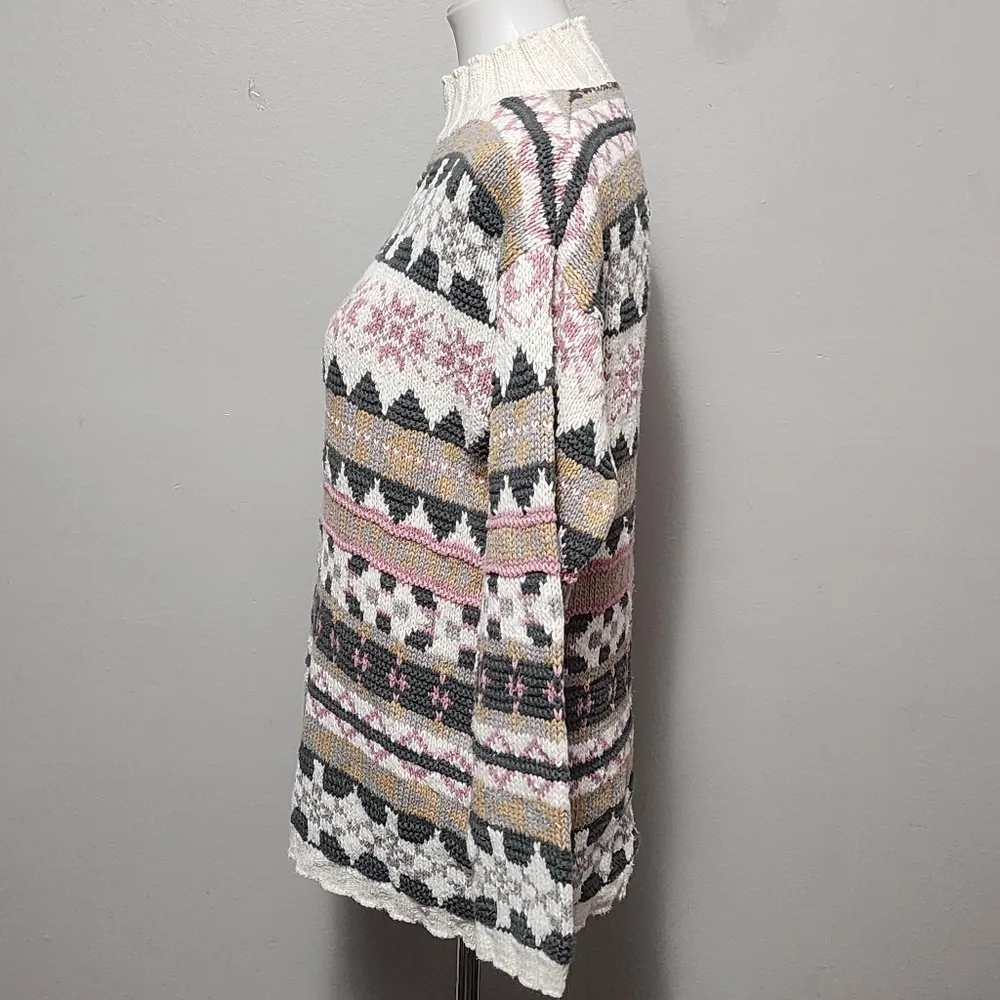 Vintage L.L. Bean Olive & Pink Fair Isle Mockneck Cotton Sweater Size Small - Image 2