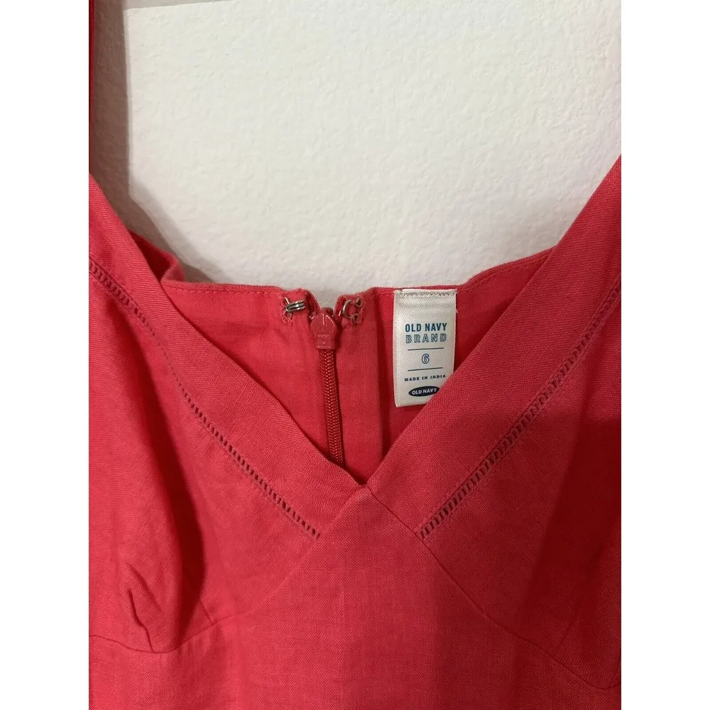 VTG Old Navy Red Coral Linen Cotton Floral Embroidered Dress Size 6 Beachy Boho - Image 3