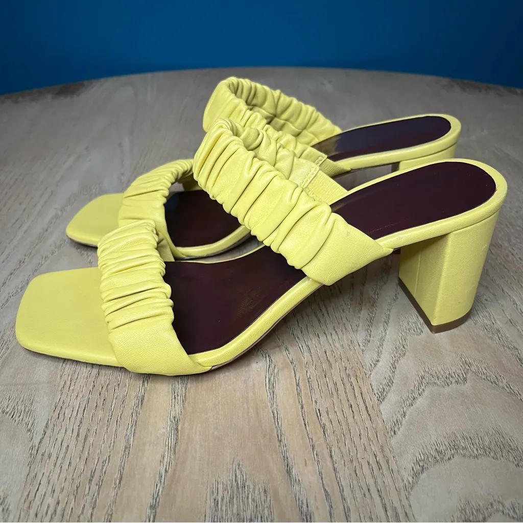 Staud Frankie Ruched Leather Block Heel Sandals Mules Yellow Size 37 Womens 7 - Image 4