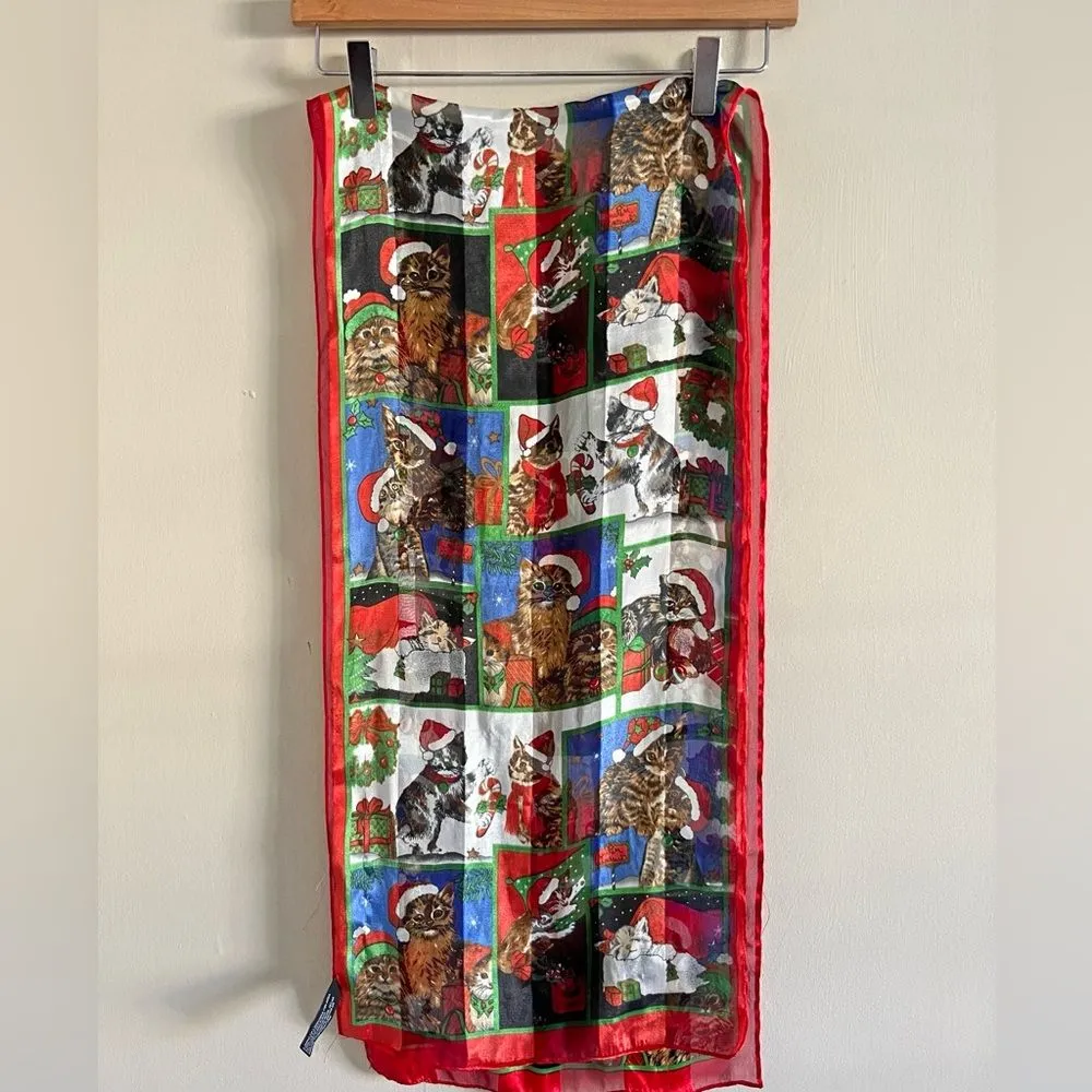 Vintage Christmas Cat Scarf Sheer Red Green Holiday Kitty Print Accessory - Image 9
