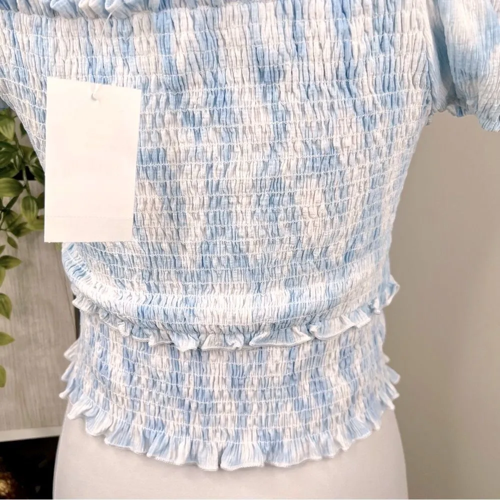 LUSH Blue and White Swirl Smocked Short Sleeve Crop Top NEW Size M - Image 8