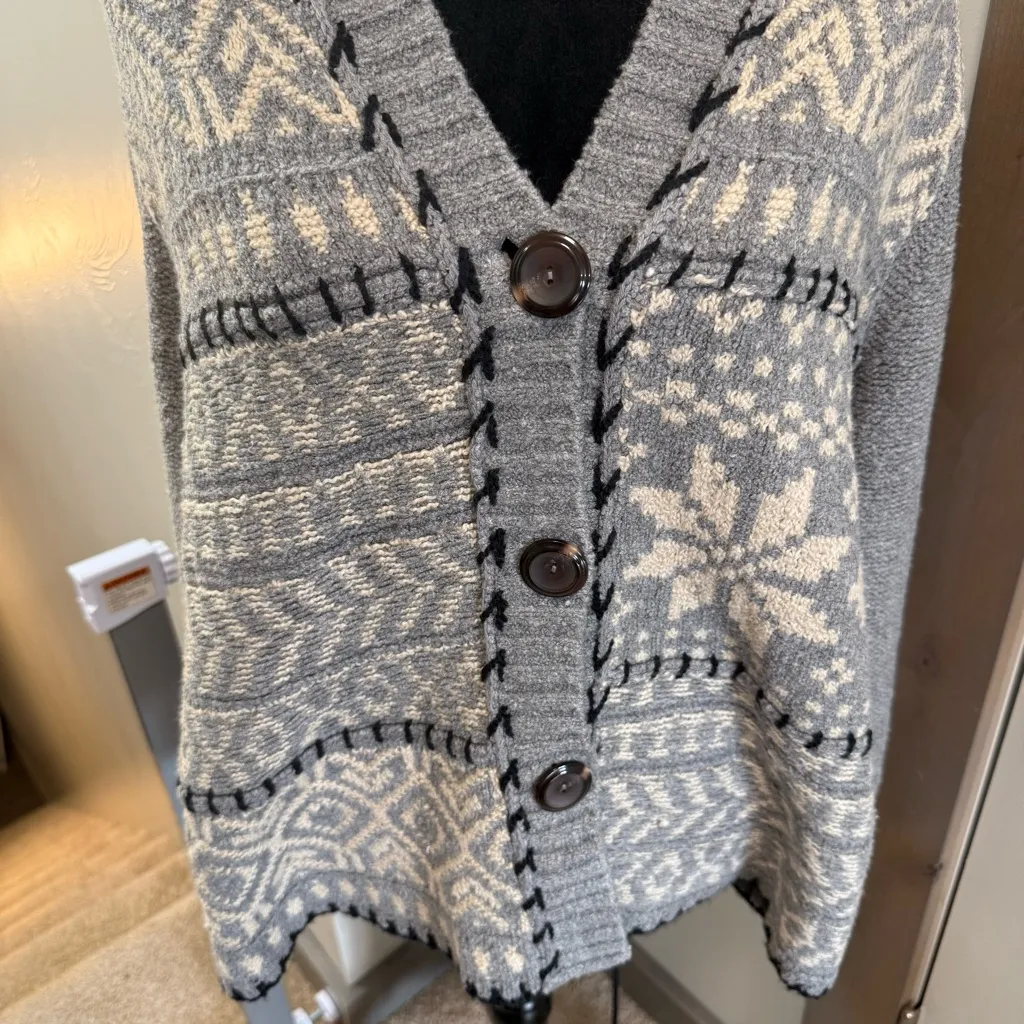 J.Jill Grey‎ White Geometric Fair Isle Hooded Sweater Cardigan Chunky Holiday LP Size undefined - Image 2