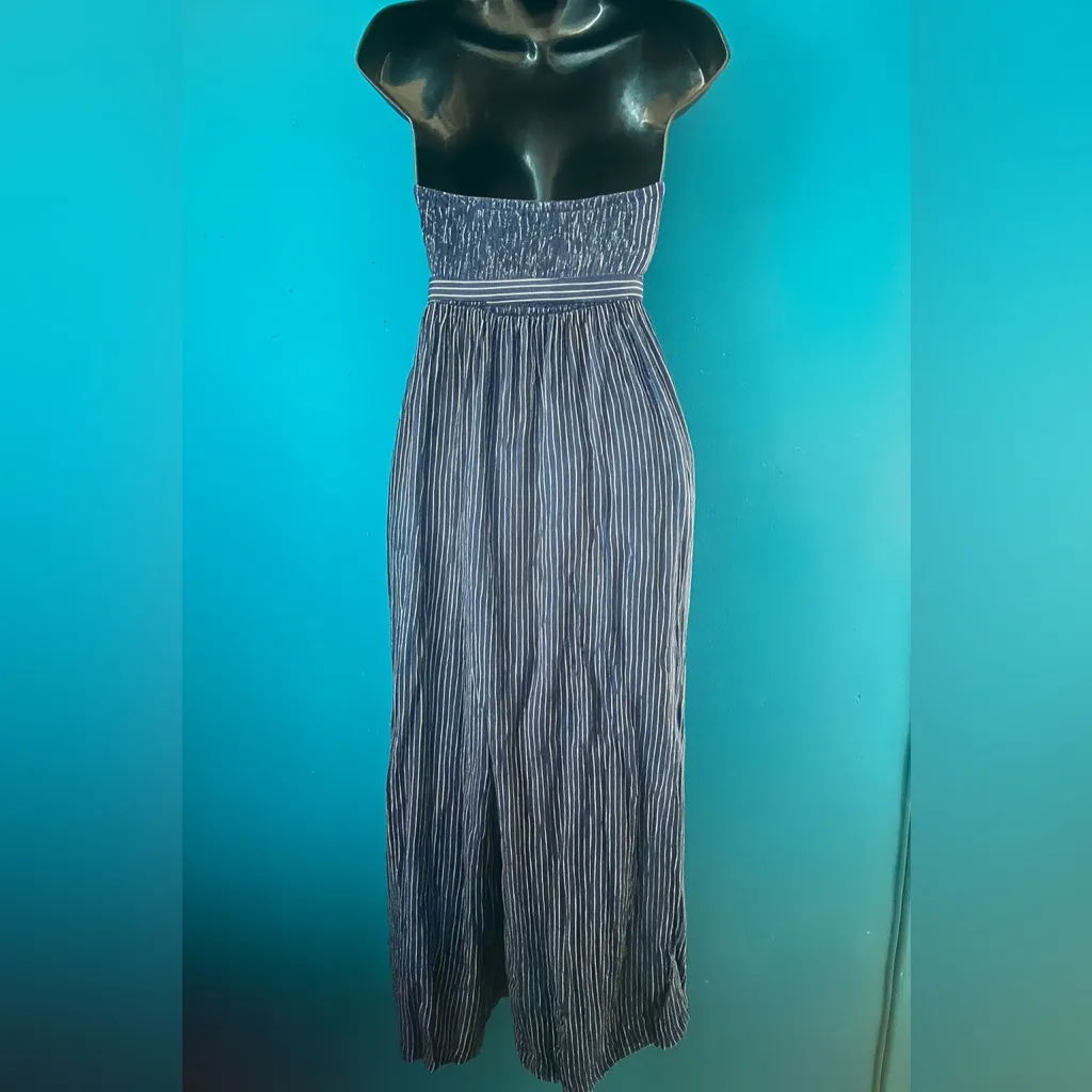 Indulge Navy Blue Strapless Striped Wide Leg Jumpsuit with Removable Belt - Image 4