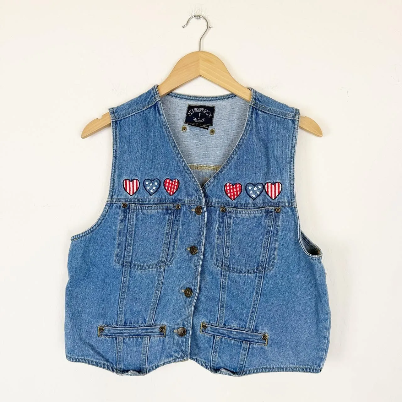 vintage solutions denim vest embroidered patriotic flag heart patches - Image 2