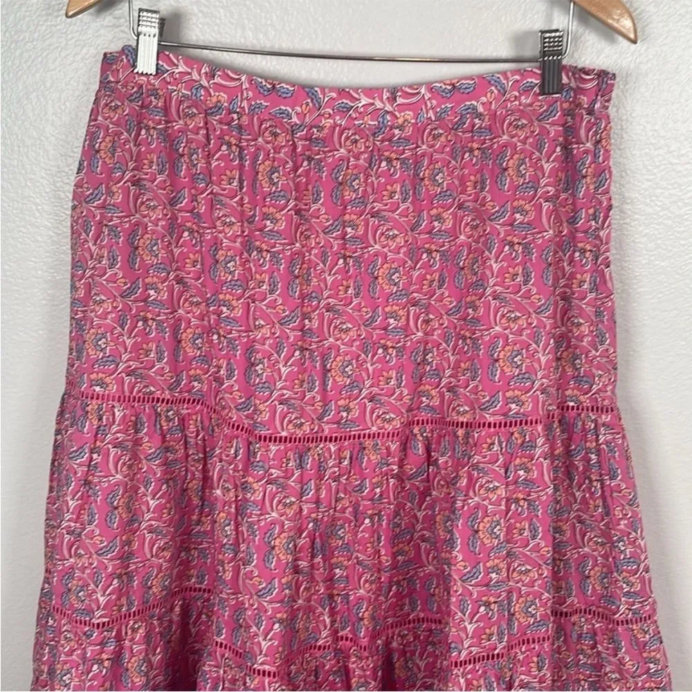 J. Crew pink floral block print tiered full lined cotton midi skirt size XS - Image 2