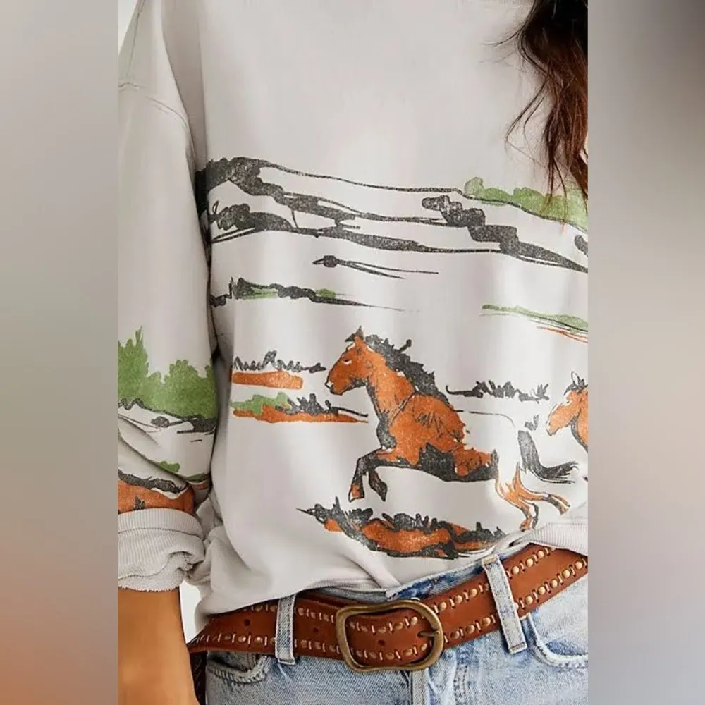 NWT Daydreamer Free People Collab Running Horses Oversized  Crew In Morning Fog - Image 5