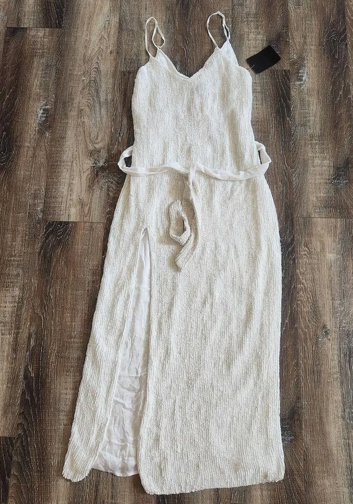 Retrofete Rebecca Sequin Maxi Dress in White Size Large NWT Sleeveless Belt - Image 3