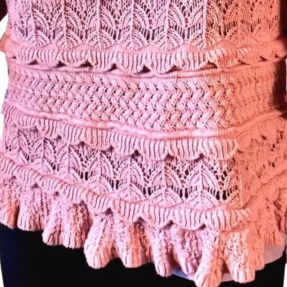 Q&A Los Angeles Women L Pink Crochet Ruffle Square Neck Puff Sleeve Sweater - Image 3