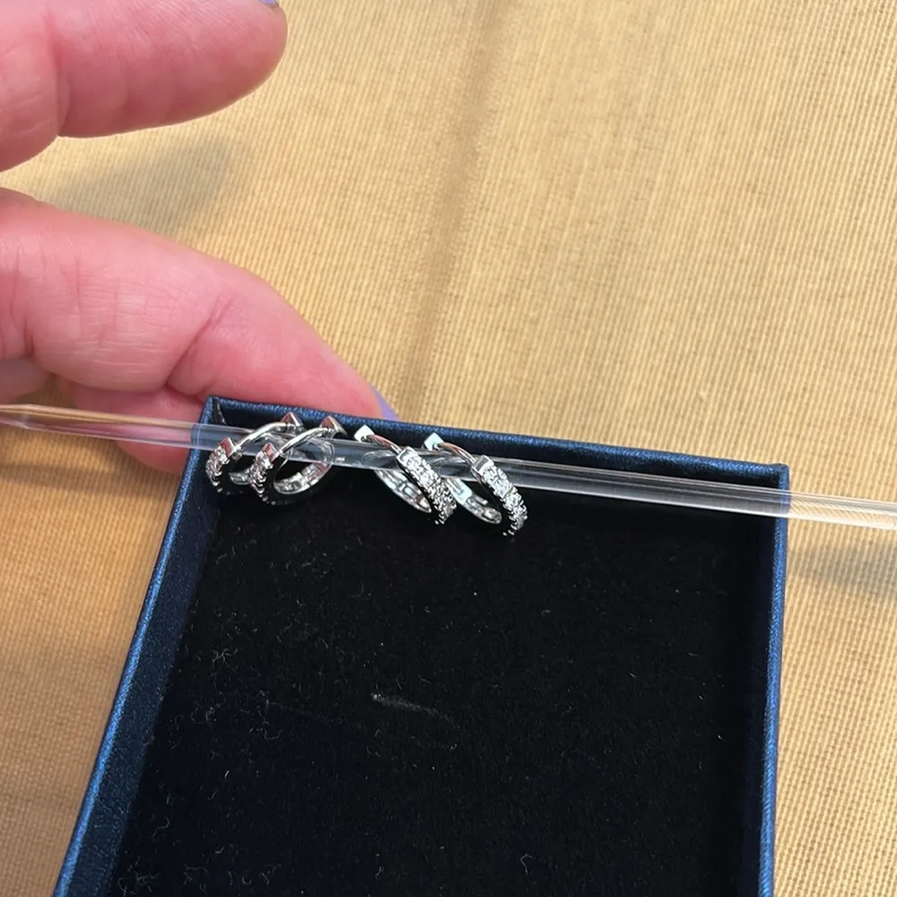 Silvertone and CZ 2pair bar snap closure snug small hoop earrings bundle Silver - Image 9