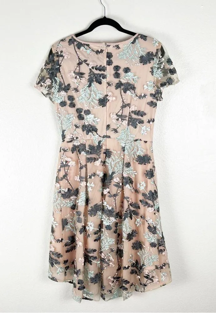 ADRIANNA PAPELL Pink Embroidered Mesh Overlay Fit & Flare Pleated Dress Size 8 - Image 2