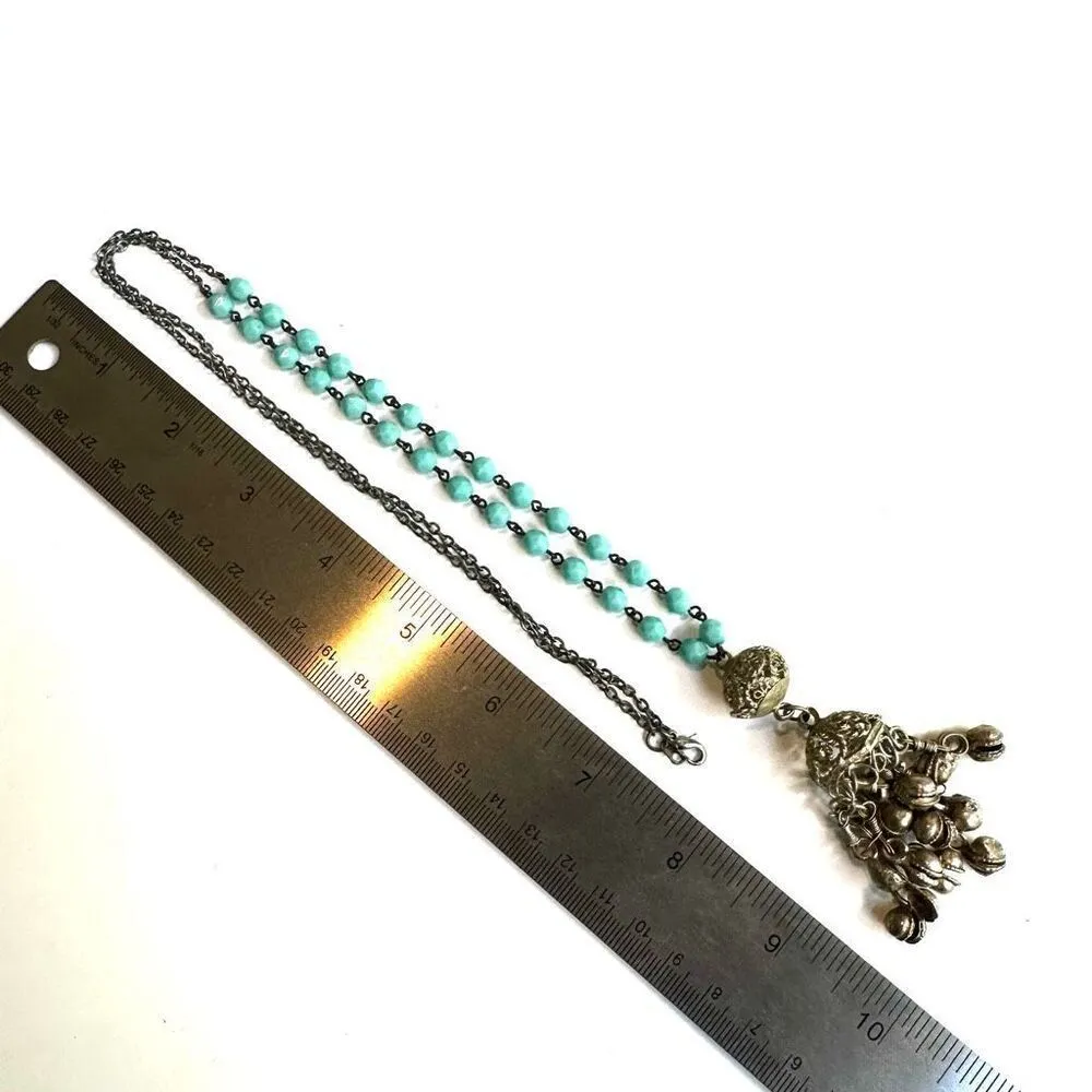 Blue beaded Vintage tribal bell tassel pendant necklace - Image 7