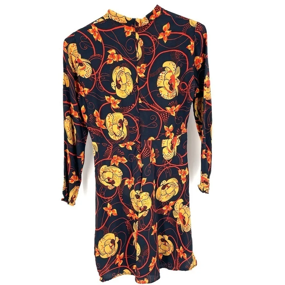 ZARA 70s High Neck Zip Long Sleeve Printed Flounce Tunic Short Stretch Dress - Image 7