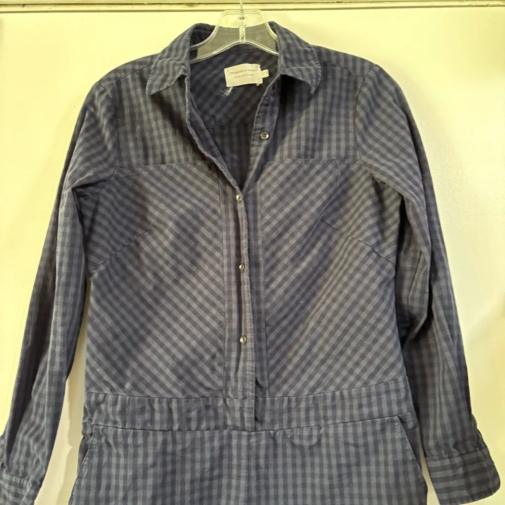 Shades Of Grey Plaid Tartan Blue Green Long Sleeve Romper Button Front Shorts XS - Image 3