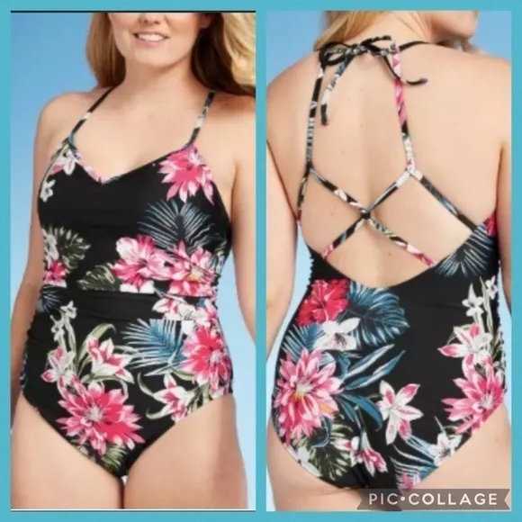 Kona Sol Black With Pink Tropical Floral Print Lace Up Back One piece Swimsuit M - Image 2