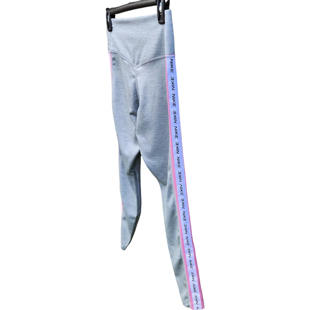 Nike Womens Medium Mid Rise Crop Length Gray Pink Logo Athletic Leggings Dri-Fit - Image 6