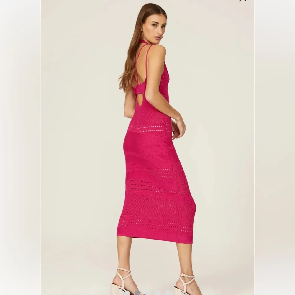 Esteban Cortazar Collective Stretchy Midi Dress Hot Pink Crochet Wedding Guest L - Image 2