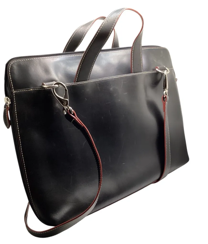 Lodis Italian leather briefcase/laptop bag. Black with brown piping - Image 1