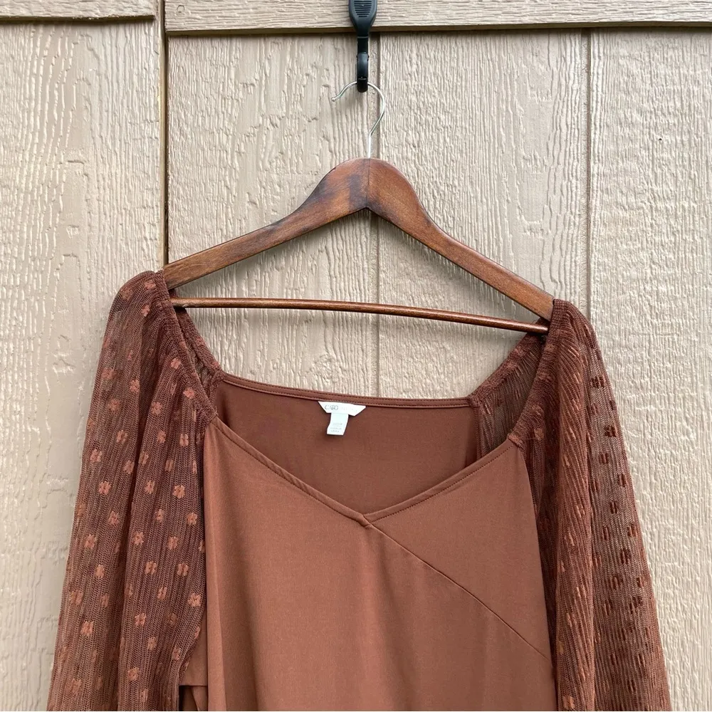 Cato Womens Shirt Blouse Brown Floral Mesh Long Sleeve V Neck Plus Size 22/24 - Image 4