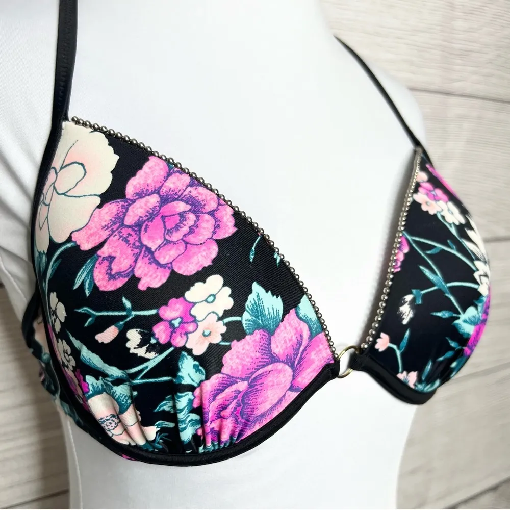 Shade & Shore Black & Pink Floral Studded Light Lift Bikini Top Size 34C - Image 6