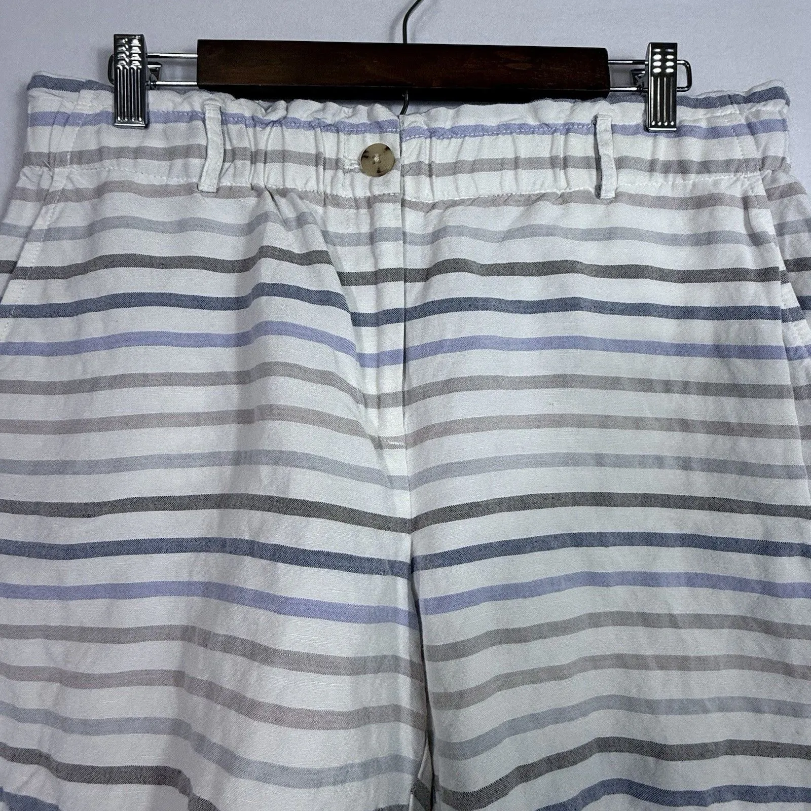 J. Jill Striped Linen Blend Paperbag Waist Cuffed Shorts Size M Coastal Nautical Blue Size M - Image 4