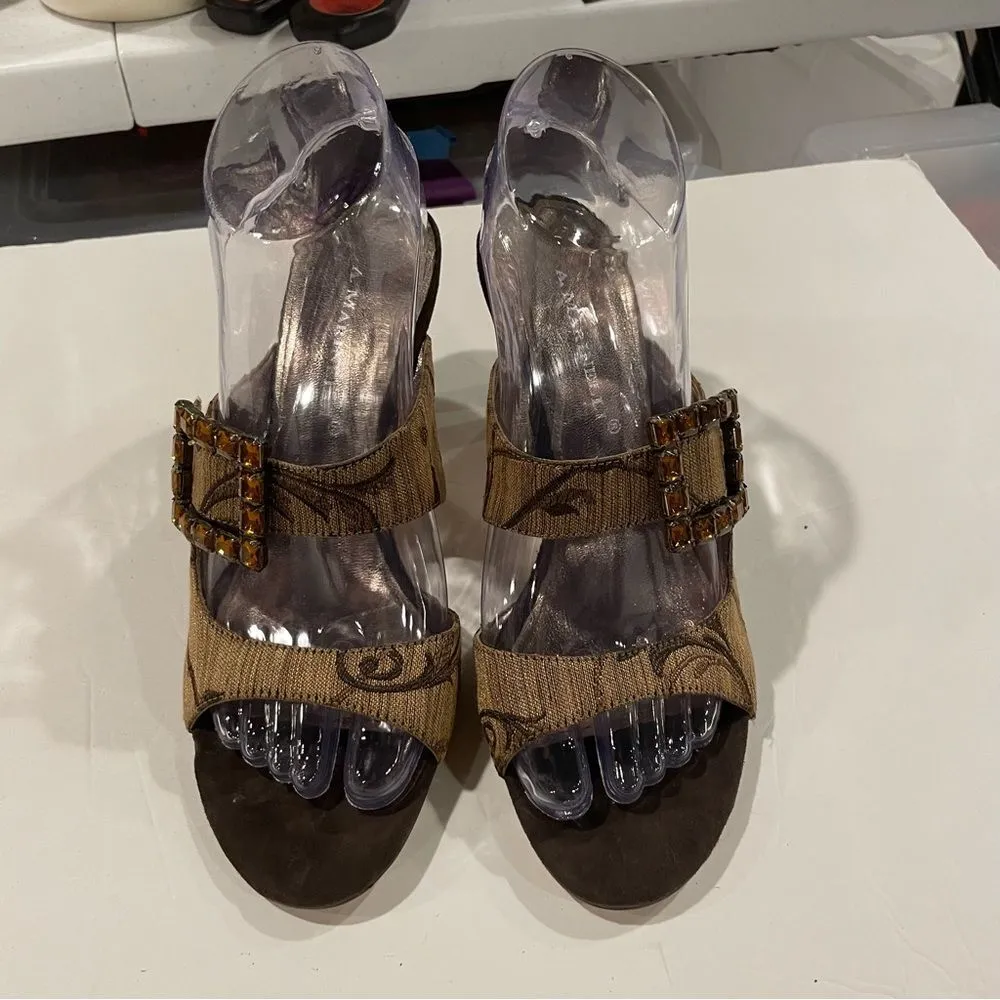 Y2K baroque fabric orange jeweled buckle strapy slides kitten heel luxury Brown Size 7.5 - Image 11