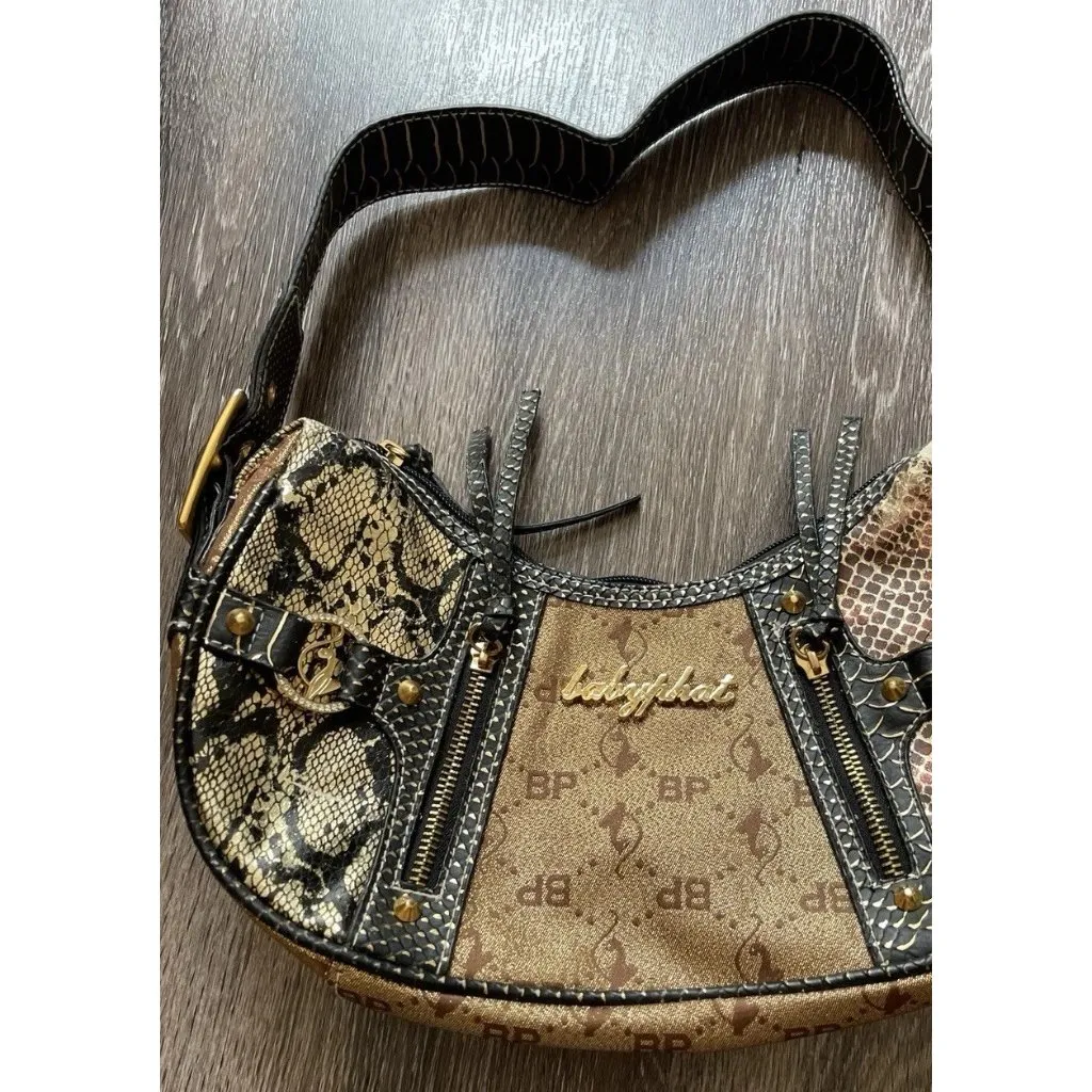 Vintage Baby Phat Snake Skin Shoulder Hand Bag Gold Black White Stones NWT RARE - Image 2