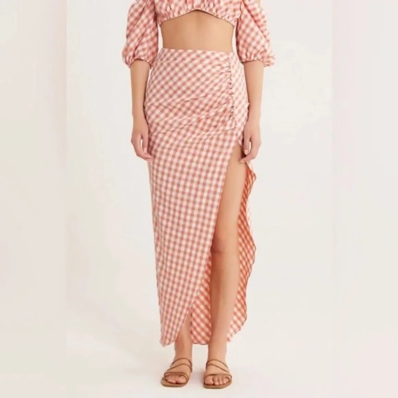 Rumer Bisou Ruched Gingham Maxi Skirt Size S‎ Red - Image 11