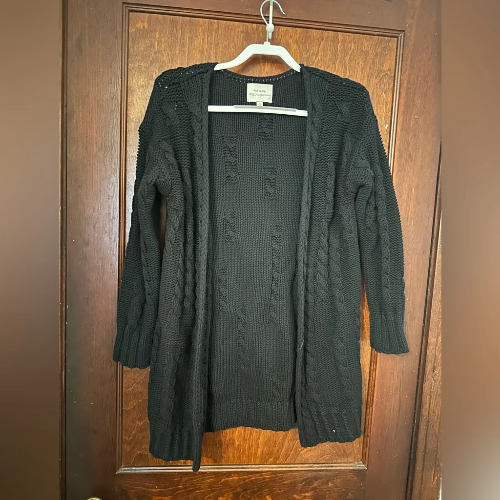 Will’s Vegan Store Made in Italy Cotton Cable Knit Cardigan Sweater Size S Black - Image 2