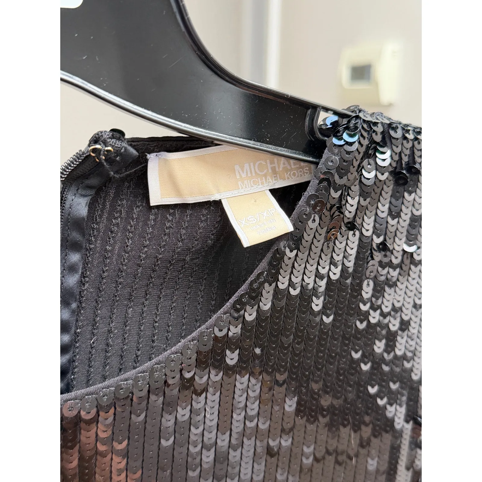 Michael Kors Black Sequin Dress XS Long Sleeve Bell Cuff 80s Glam Cocktail Mini - Image 6