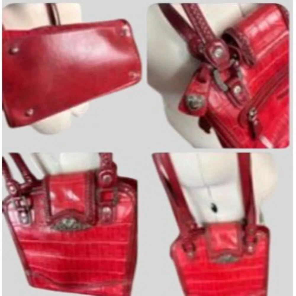Marc Chantal Croc Embossed Faux Leather Handbag With Heart Accent Hardware Red - Image 4