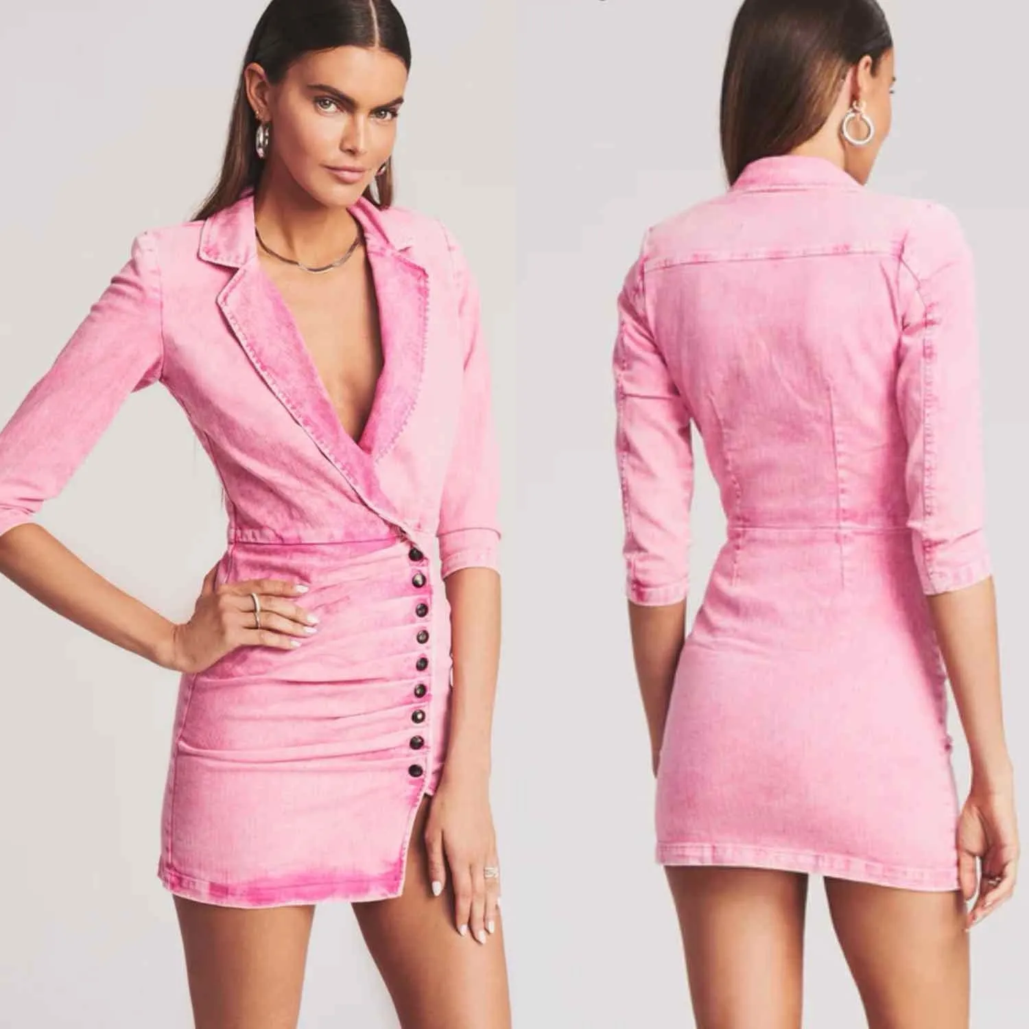 Retrofete Willa Denim Mini Dress Vintage Pink Size Large Stretch Distressed - Image 12