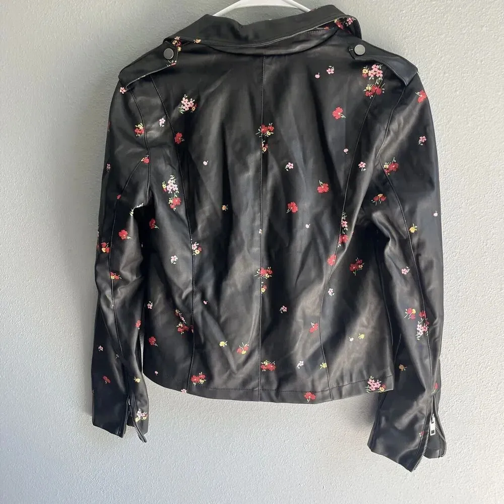 WHO WHAT WEAR faux black leather jacket Size Small Floral biker Moto jacket - Image 4