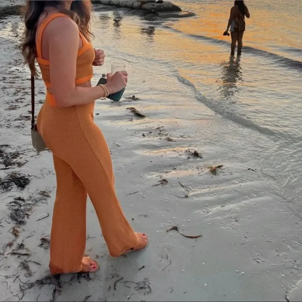 Orange & Brown Knit Crop Tank & Straight Leg High Rise Pants Matching Set M - Image 4