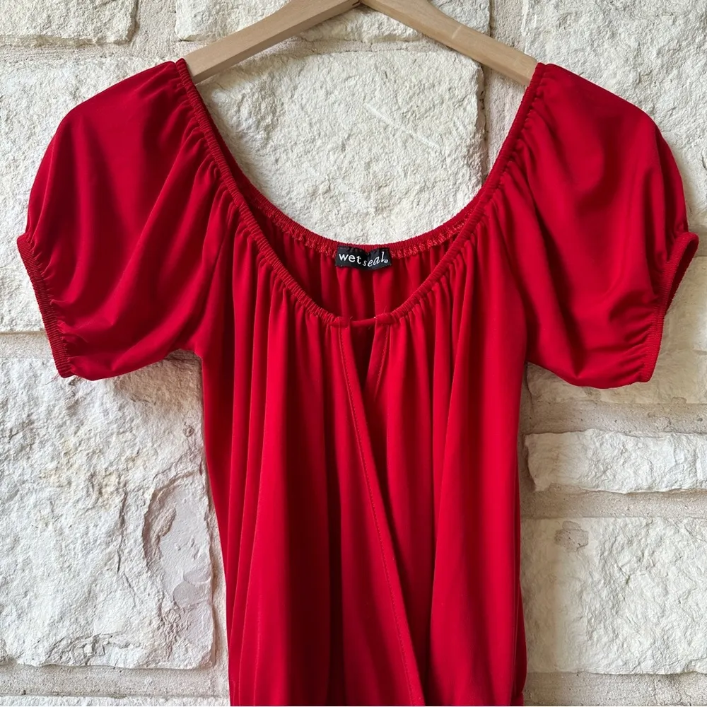 Wet Seal Puffy Sleeve Wrap Top- CHERRY RED 🍒 - Image 2