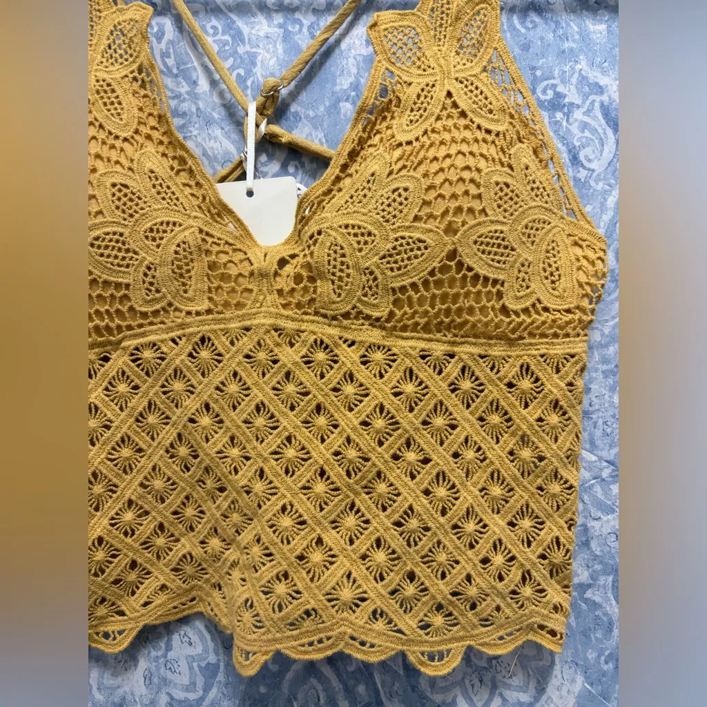 La Miel Tiare Bralette Long Padded Smocked Back Adjustable 100% Cotton S Mustard Yellow - Image 3