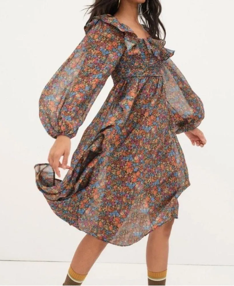 For Love & Lemons Brittany ruffle Midi balloon sleeve floral Dress Size M - Image 4