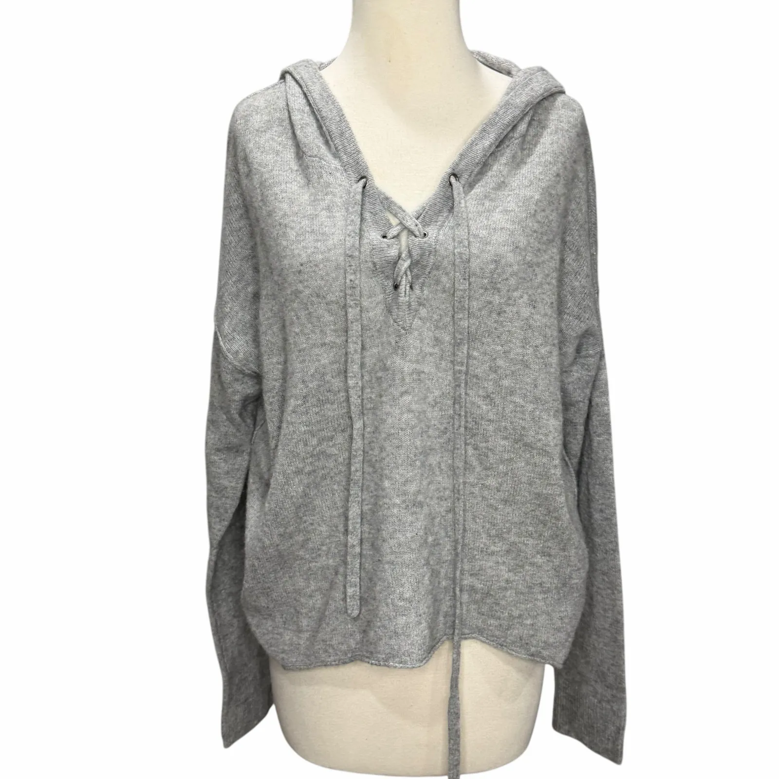 Rails Dakota Hooded Knit Sweater Women L Heather Grey Lace Up Cashmere Cozy Soft - Image 2