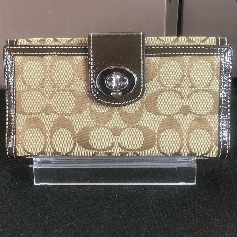 COACH Brown Monogram Silver Twist Lock Bifold Wallet with Contrasting Stitch - Image 16