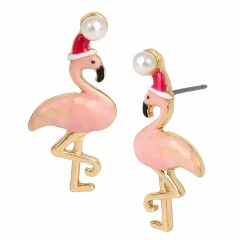 Betsey Johnson Holiday Whimsy Santa Flamingo Stud Earrings, Pink - Image 6