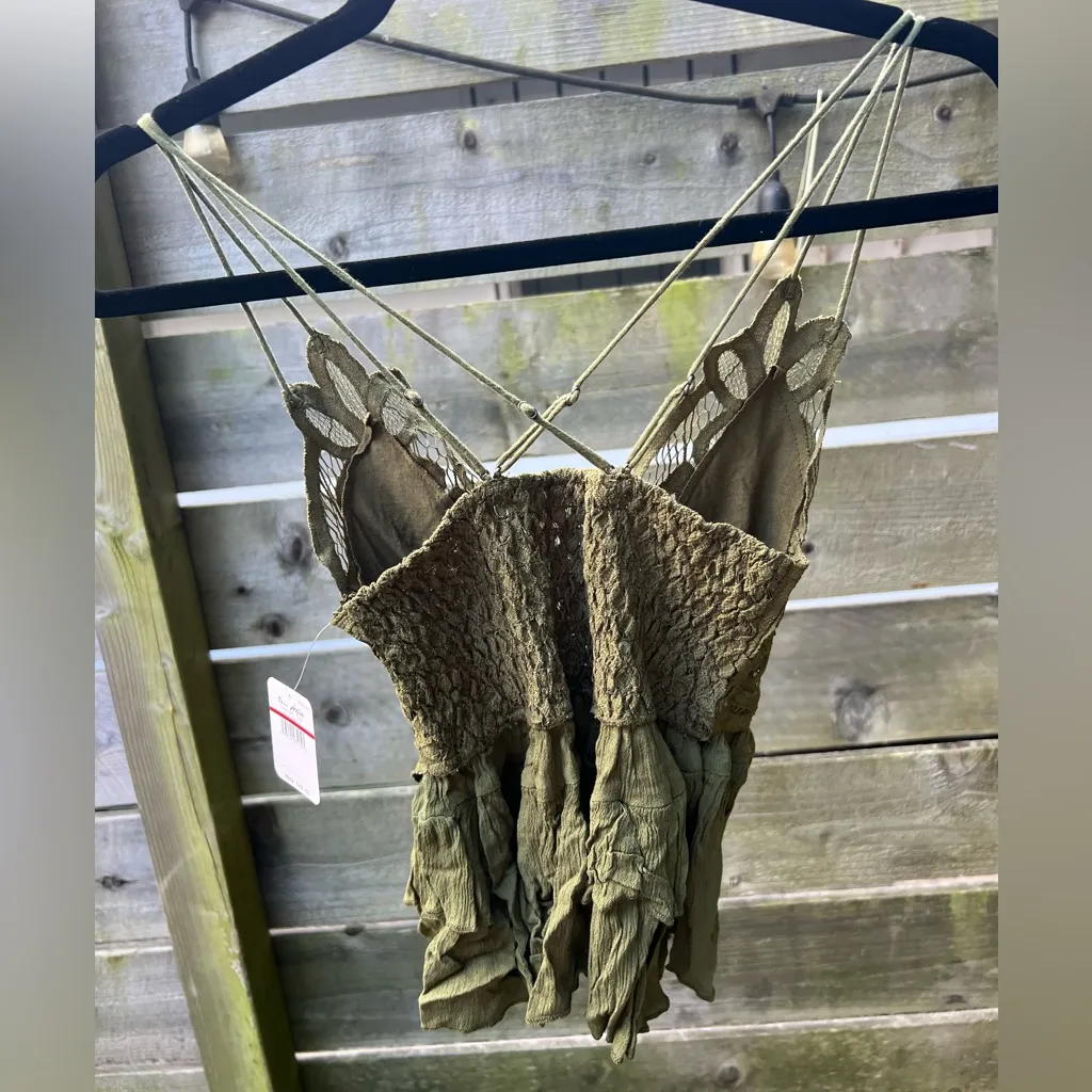 Free People FP One $68 Adella Cami Tank Lace Top Olive Green Festival Fairy Boho - Image 3