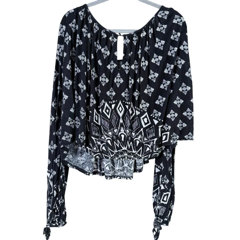 Free People Linen‎ Blend Dazed Swing Crop Top Black White Geo Print, Size Large - Image 12