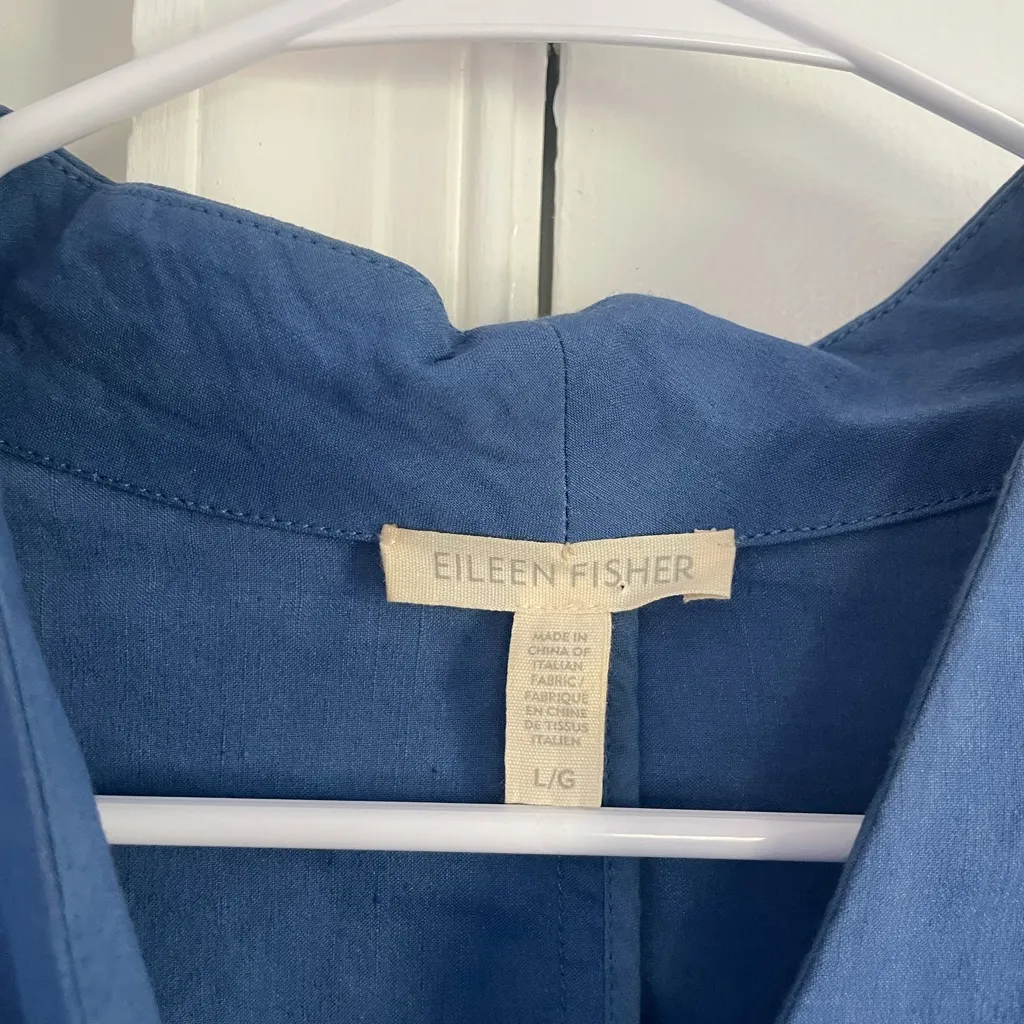 Eileen Fisher Organic Linen Blend Jacket L Stand Collar Zip Front Blue Peplum - Image 4