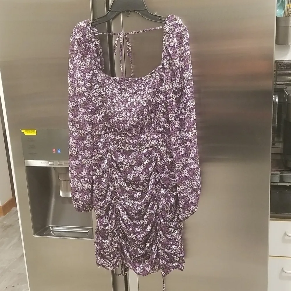 💕ASTR💕 Mardi Lace Trimmed Floral Ruched Mini Dress Purple Floral Large NWOT - Image 9