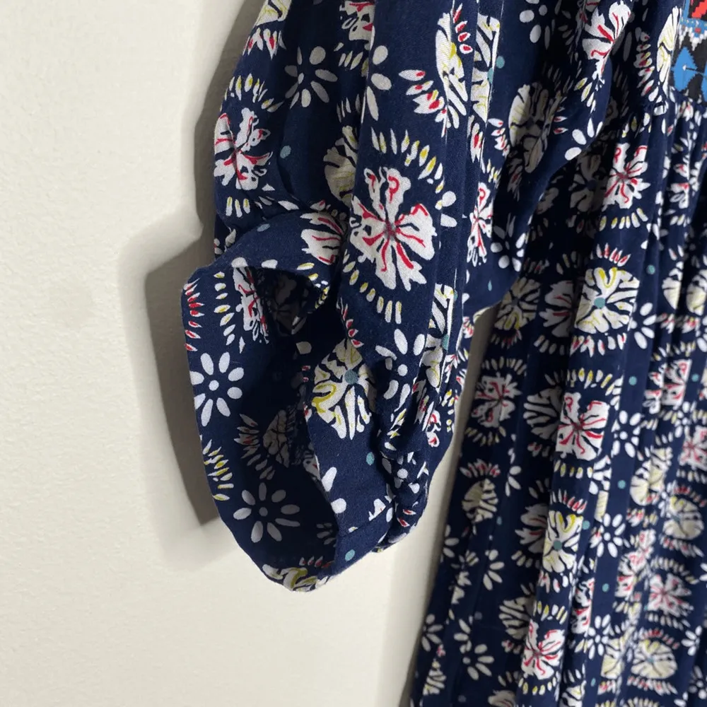 Umgee Mixed Media 3/4 Sleeve Aztec Floral Babydoll Tunic Dress Navy Size Small - Image 9
