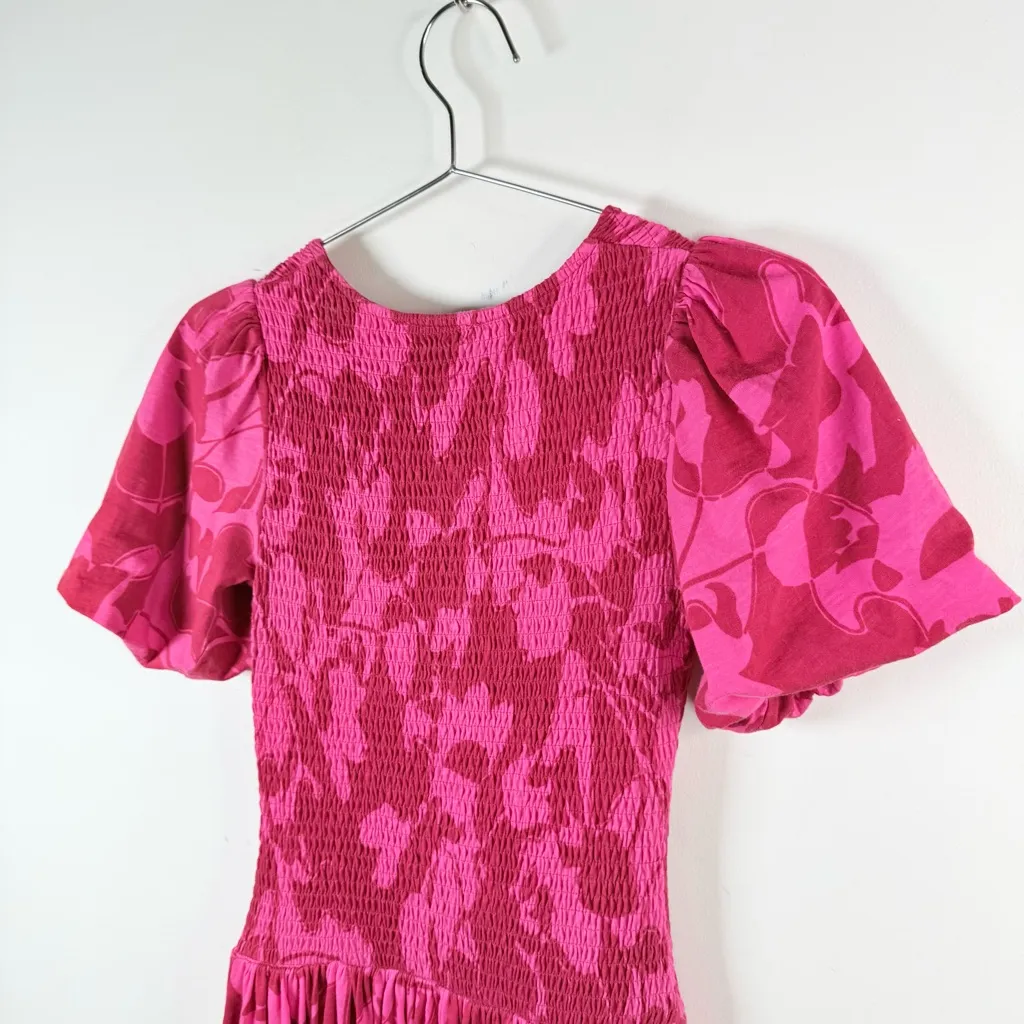 ME+EM Pink Red Floral Smocked Midi Dress Puff Sleeve Size 2 - Image 5