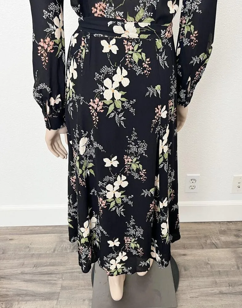 [Reformation] Black Floral Print Susanna Long Sleeve Wrap Midi Dress Sz Large L - Image 7