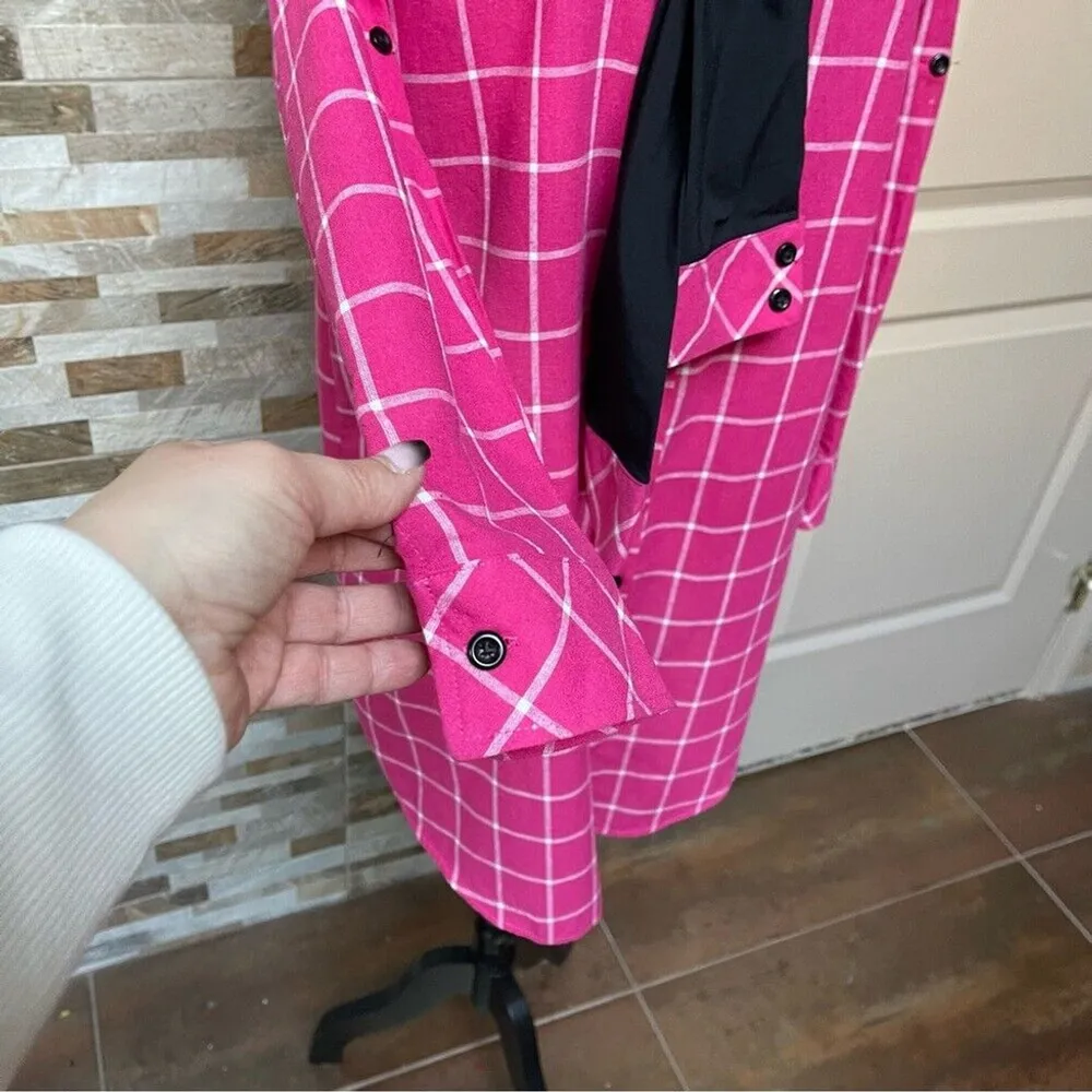 PUANLI Women's pink window pain plaid button down shirt tunic cat graphic XL - Image 4