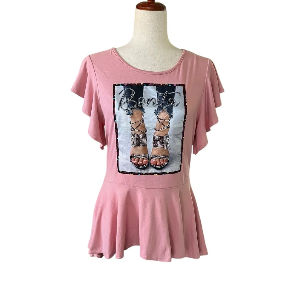 Julia pink graphic print peplum top with a "Bonita" text design Black Size M - Image 7