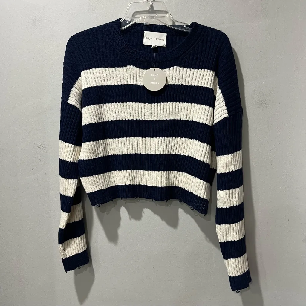 NEW Sage & Stone Crop sweater Striped Navy Blue Cream Distressed Size Large - Image 3