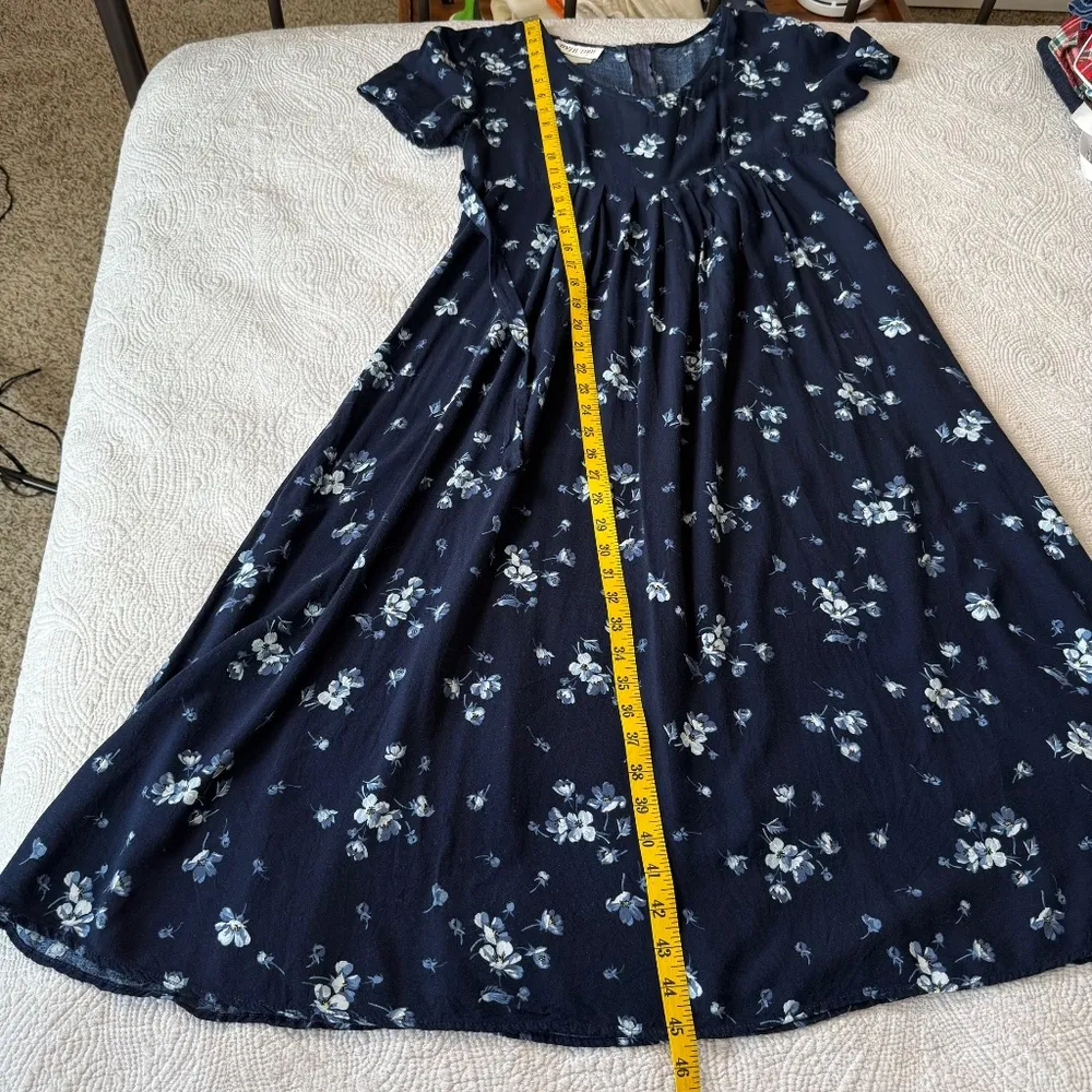 Vintage Byer Too Midi Dress Womens Small Medium 6 Navy Floral Empire Waist 90s - Image 7
